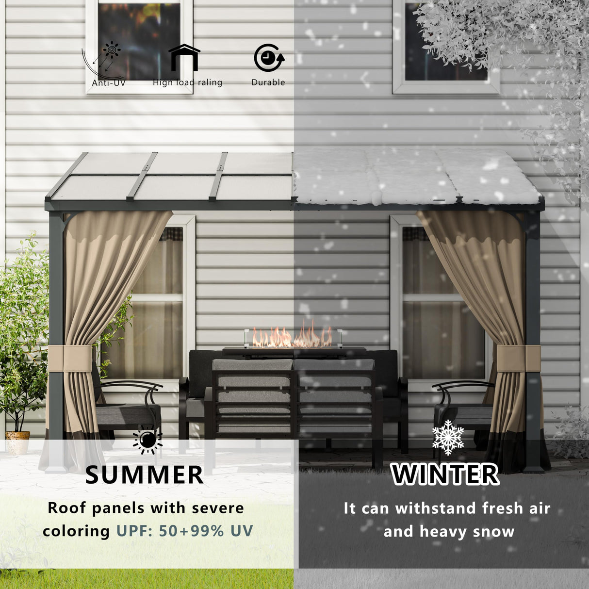 ASJMR 10x12FT Gazebo, Hardtop Wall Mounted Gazebo with Sloping Sun Panel Roof, Awnings for Patio with Metal Frame, Double Curtains for Garden, Lawn, Backyard Deck, Sand ASJMR