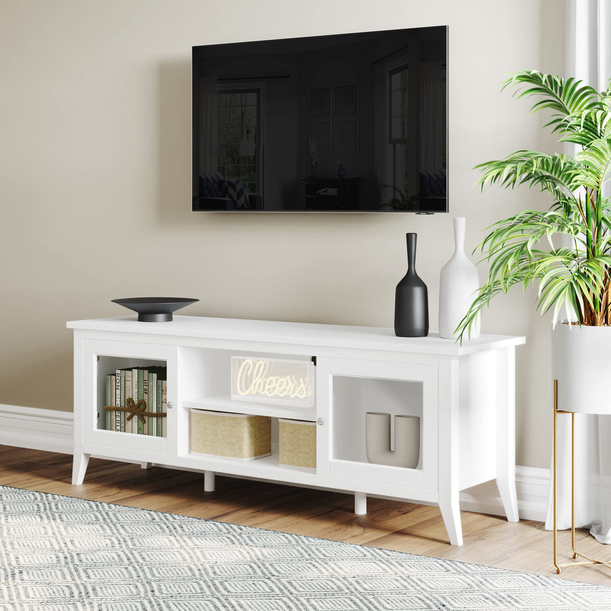 Lavish Home TV Stand - 55-inch Storage Cabinet with 2 Cubbies and 2 Shelves - Entertainment Center for Living Room, Bedroom, or Entryway (White) Lavish Home