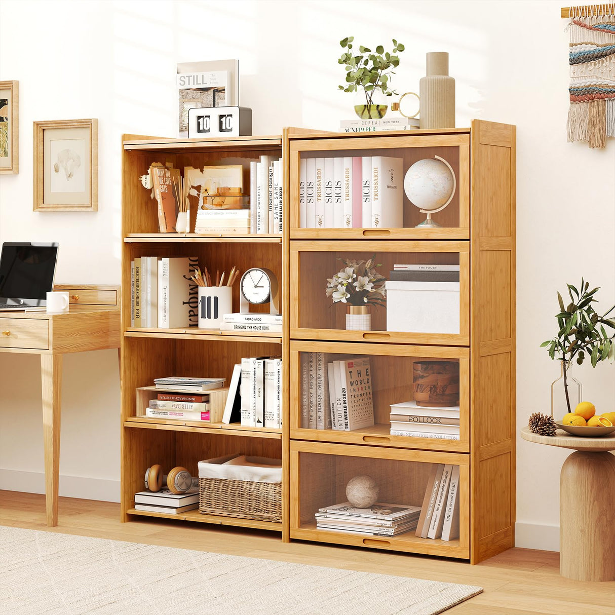 Giantex 4-Tier Bookcase with Clear Doors, 55" Bamboo Bookshelf with Flip-up Acrylic Doors, Freestanding Cube Storage Organizer with Shelves, Wooden Display Cabinet for Living Room, Study (Natural) Giantex