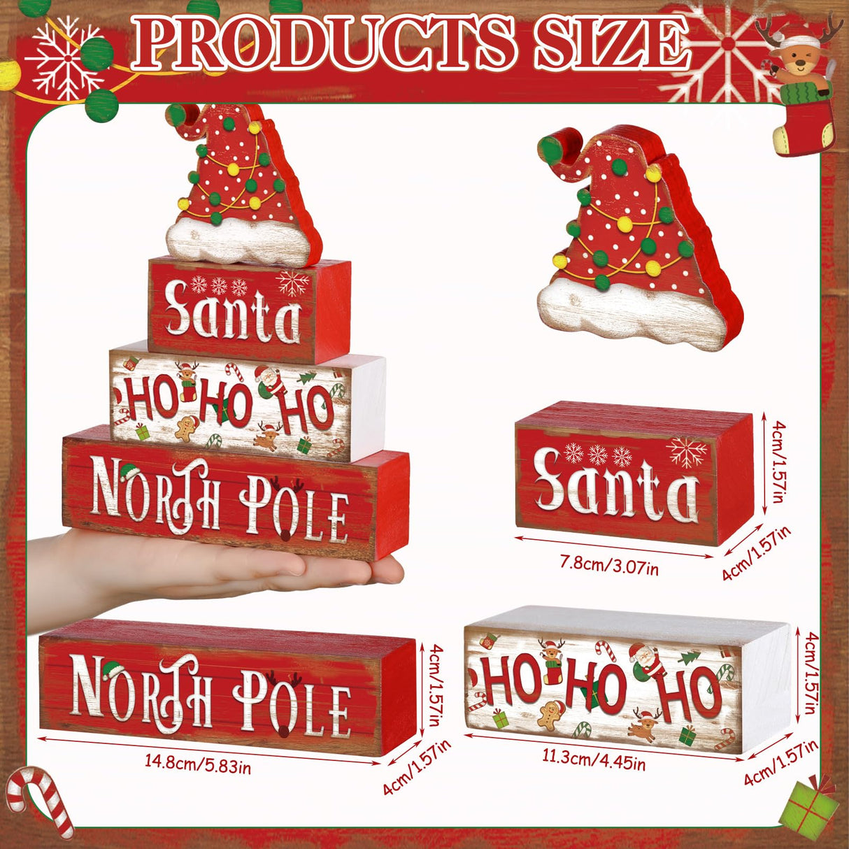 Moucuny 4 Pcs Christmas Table Decorative Signage Santa Hat Ho Ho Ho Wooden Blocks Christmas Tabletop Decor Wooden Block Sign Tiered Tray Decor Christmas Centerpieces Table Decor for Christmas Home Moucuny