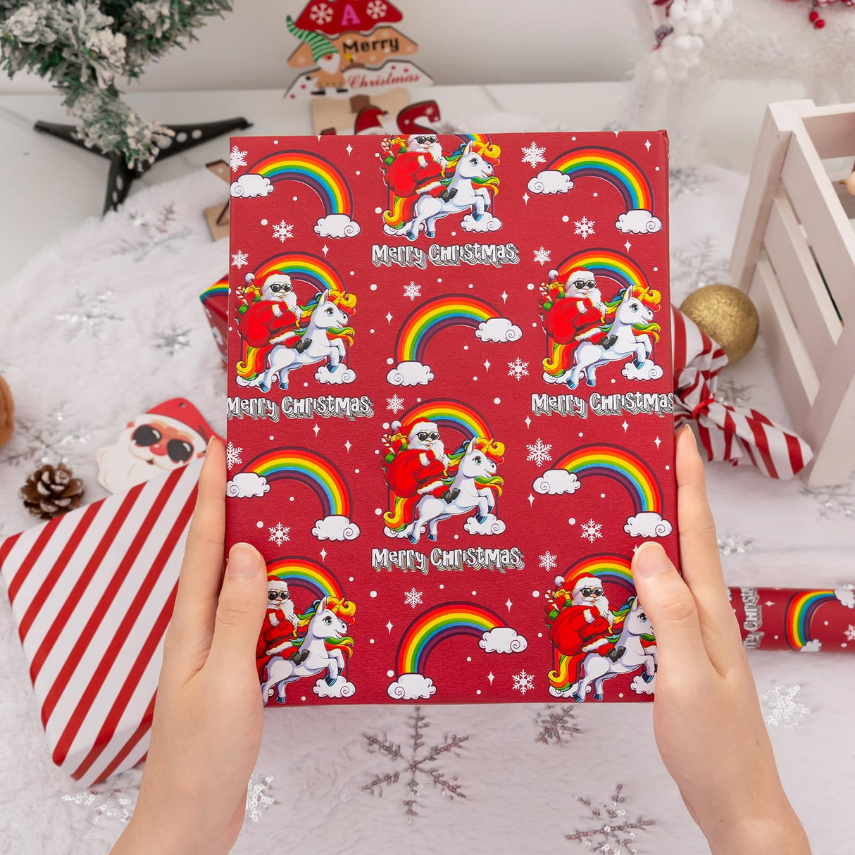 Vnaaem Reversible Christmas Wrapping Paper - Mini Roll - 17 Inches X 33 Feet - for Boys Girls Kids - Red Christmas Santa Unicorn Pattern Great for Holiday Birthday, Party, Baby Shower Vnaaem