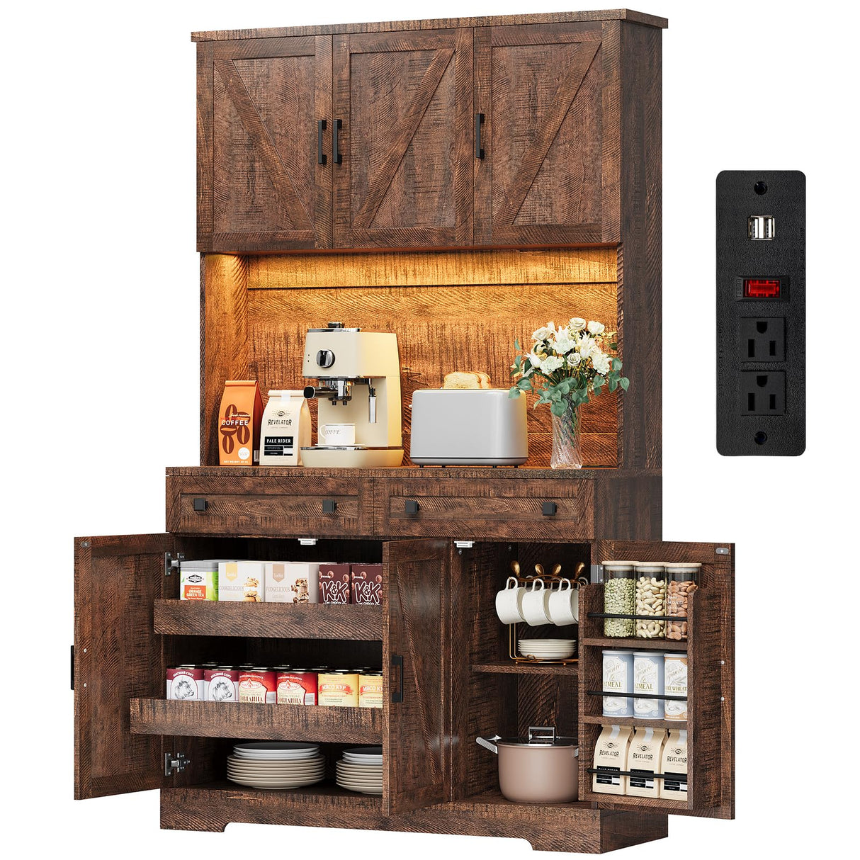 ELYKEN 71" Tall Ktchen Pantry Cabinet with Charging Station & LED Lights, Farmhouse Kitchen Hutch Cabinet with Microwave Stand & Large Countertop for Dining Room Living Room, Brown ELYKEN