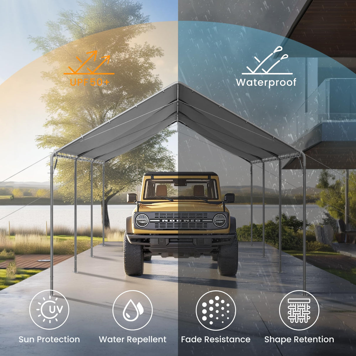 PHI VILLA 12x20 ft Heavy Duty Carport Car Canopy Party Tent Adjustable Peak Height, Garage Storage Boat Shelter with Waterproof & UV Protected Tarp, White PHI VILLA