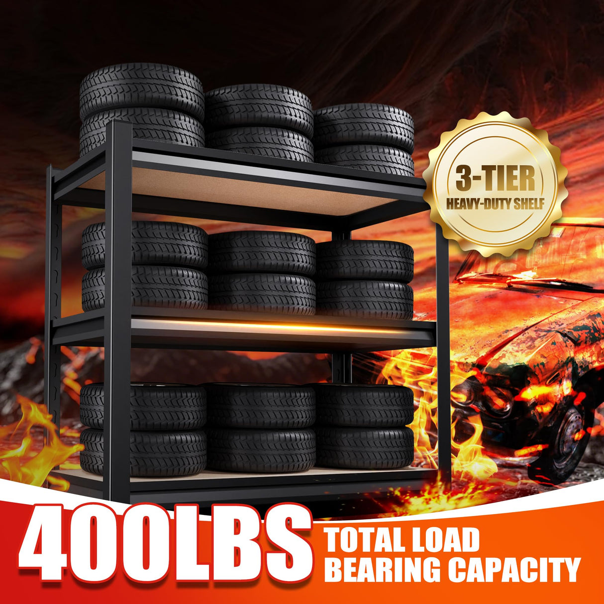 Garage Shelving,3 Tier Garage Storage Shelves,Adjustable Heavy Duty Metal Shelving Units and Storage Large Rack,Utility Steel Shelf For Shop Warehouse Industrial Pantry Basement Organizers 33"x35"x16" JOJUOU