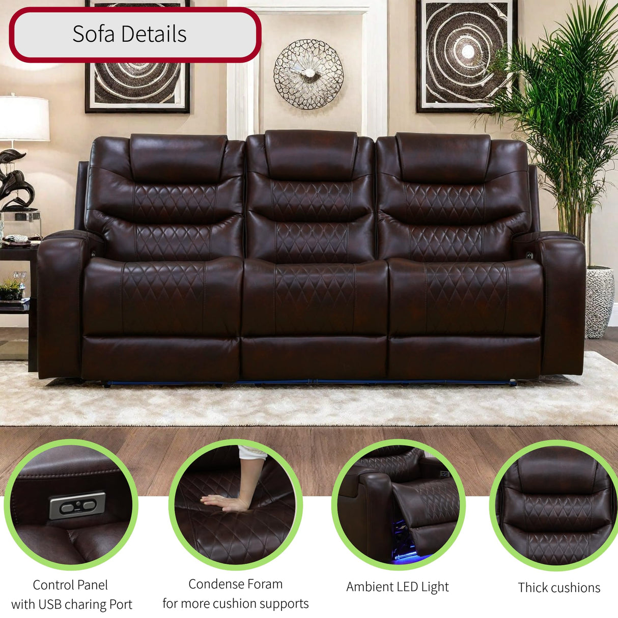 Living Room Furniture Set, Power Reclining Sofa Set, Air Leather Recliners with Built-in USB Ports and Storage Console, LED Reclining Couch Set for Living Room (Wine, Sofa Loveseat) AYCP Furniture