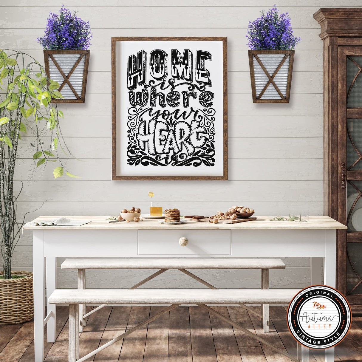 Autumn Alley Large Rustic Farmhouse Wall Planter Set of 2, Farmhouse Decor Wall Hangings for Hanging Planter Indoor, Galvanized Wall Planter, Corrugated Metal, Wooden, Brown - Flowers Not Included Autumn Alley