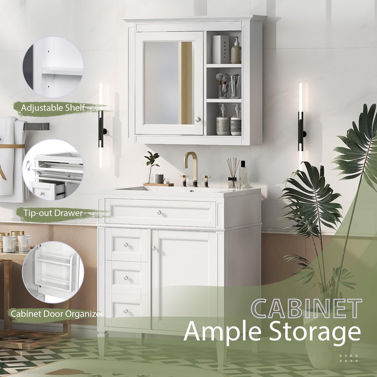 Marzzi 30" Bathroom Vanity Set with Matching Mirror Cabinet, Modern Single Sink Bathroom Vanity with Storage Cabinet, 2 Drawers & Tip-Out Drawer, Medicine Cabinet, Solid Wood Frame Marzzi