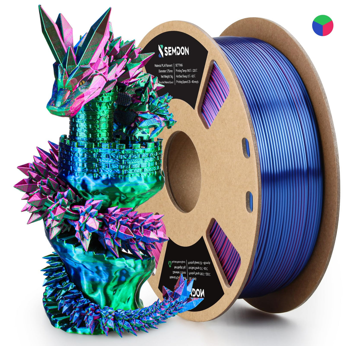 2024 New Tri-Color Filament, 3D Printer Filament pla Filament 1.75mm Rainbow Pla Silk Green-Red-Blue, 3D Printer with Filament Filament Multi Color, Dimensional Accuracy +/-0.02mm, 2.2lbs/Spool Semdon