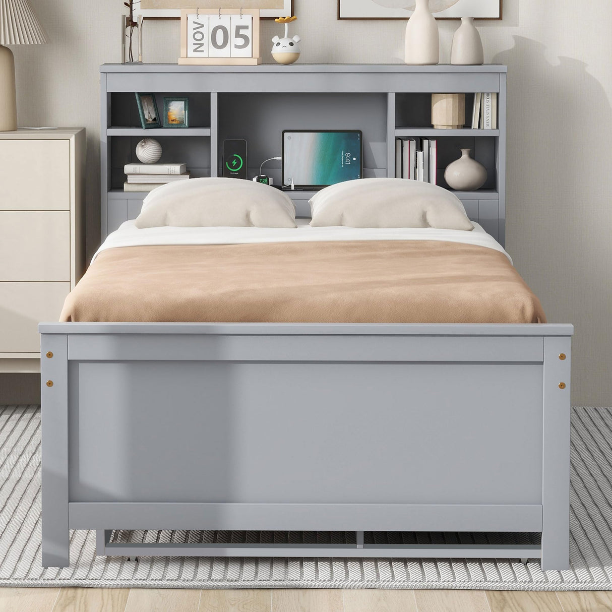 Twin Size Platform Bed with Storage Headboard, Twin Size Platform Bed with TwinSize Trundle and 3 Drawers&USB,Solid Wood Bed Frame with Storage Kids,No Box Spring Needed. (Gray) Bellemave