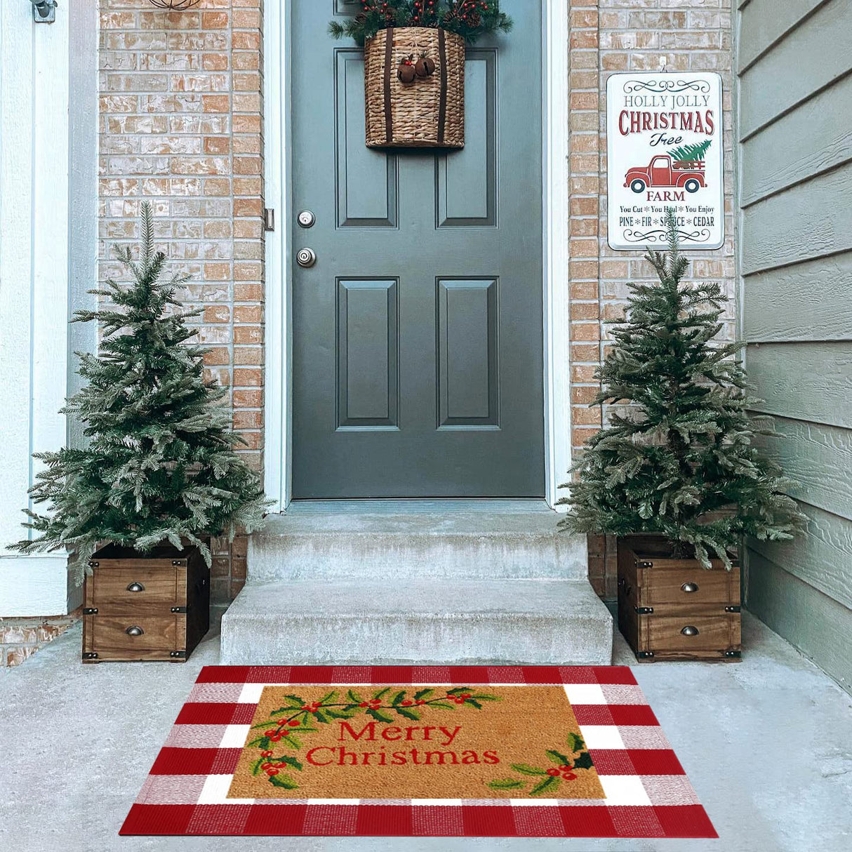 Christmas Red and White Plaid Rug, 28 x 43 Inches Cotton Hand-Woven Layered Door Mat for Front Porch, Entryway, Outdoor Holiday Decor, Washable Buffalo Check Rug for Home, Patio, Kitchen Homydecor