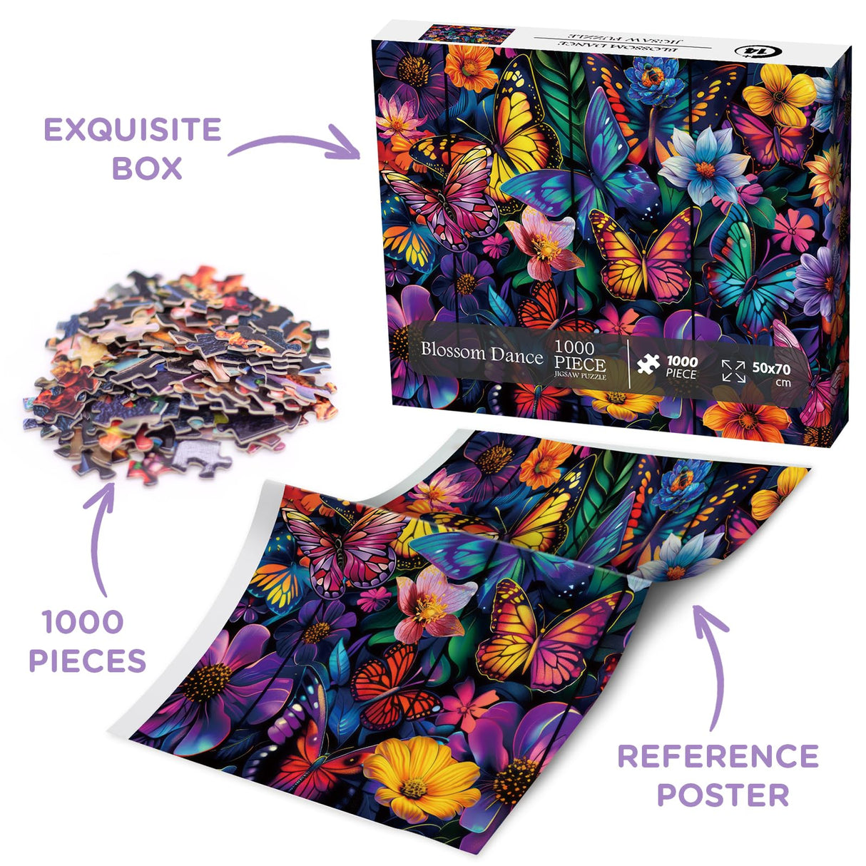 Flower Butterfly Puzzle for Adults 1000 Pieces, Spring Garden Plant Jigsaw Puzzles, Colorful Nature Floral Puzzles BBOLDIN