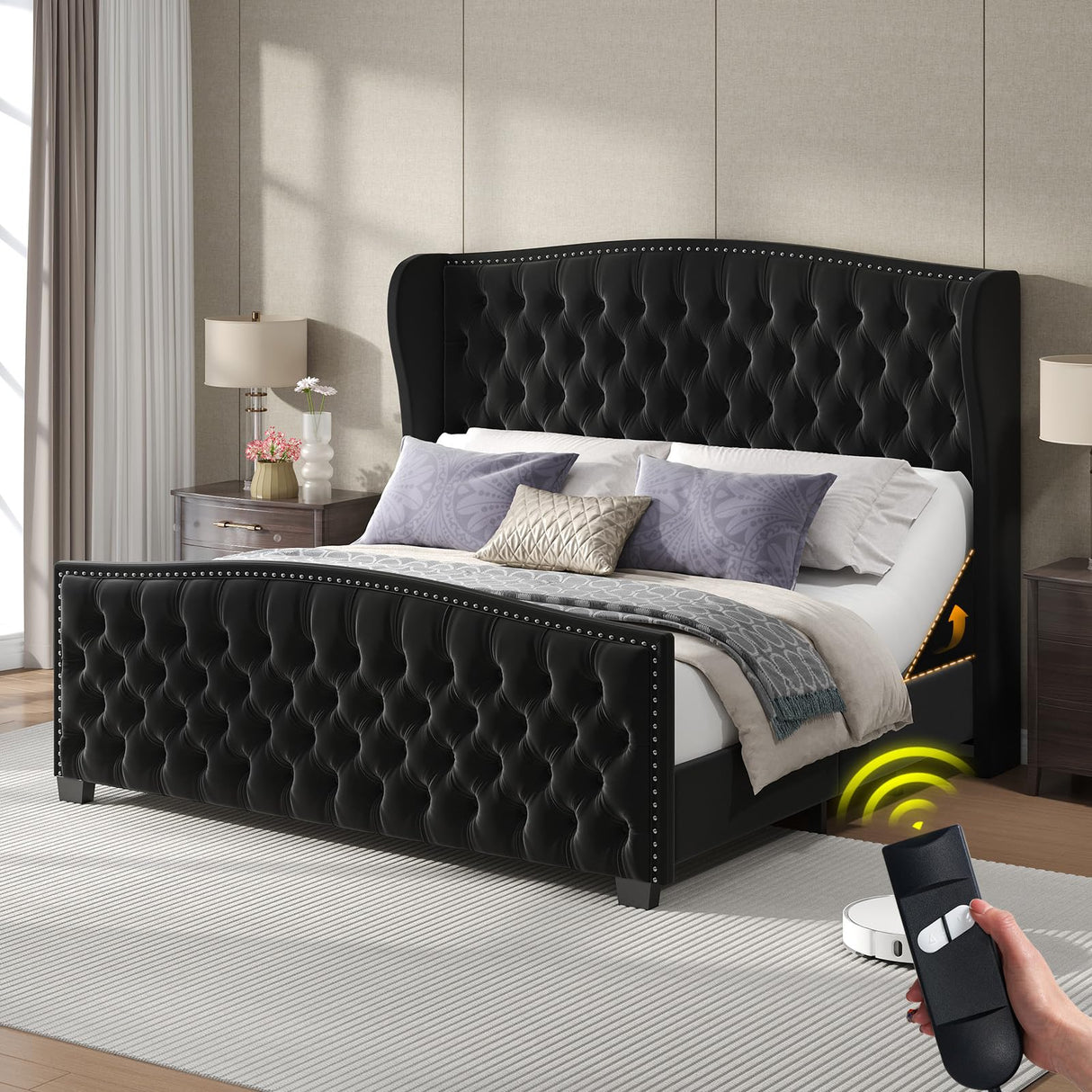 LUXOAK Adjustable King Bed Frame with Tufted Headboard and Wingback, Smart Adjustable Bed Base with Dual Motor & Remote Control, Velvet Upholstered Electric Bed Head Incline/No Box Spring Needed/Black LUXOAK