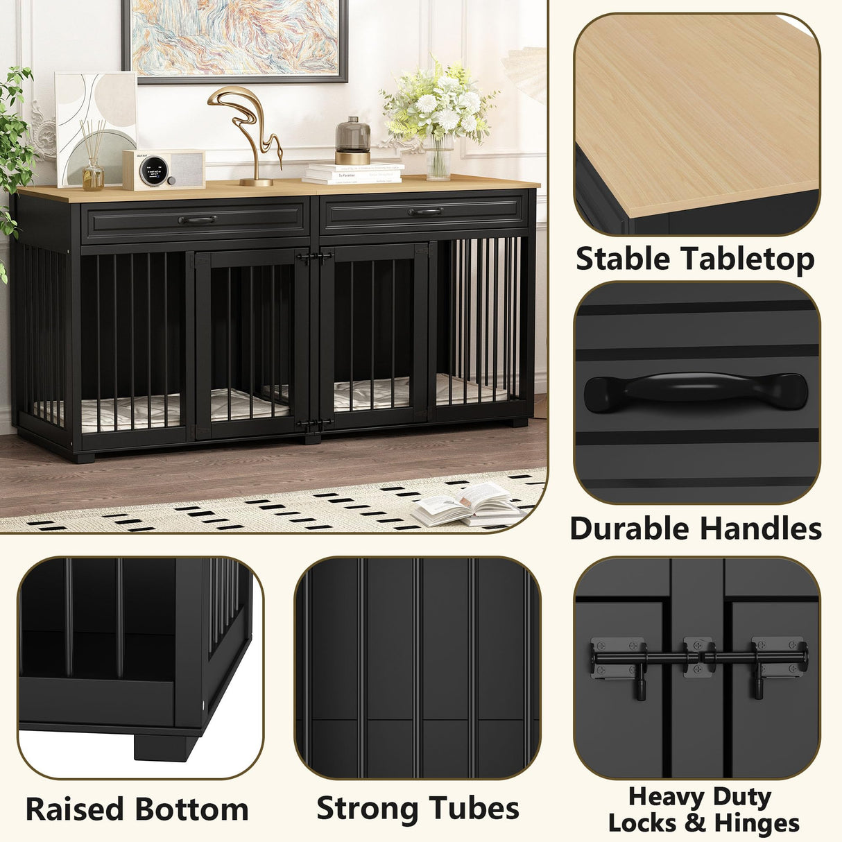 DAWNSPACES Dog Kennel Furniture, 64.6 Inch Heavy Duty Wooden Large Furniture Style Dog Crate with Drawers & Divider, Indoor Dog House TV Stand with Double Rooms for Medium Small Dogs, Black DAWNSPACES
