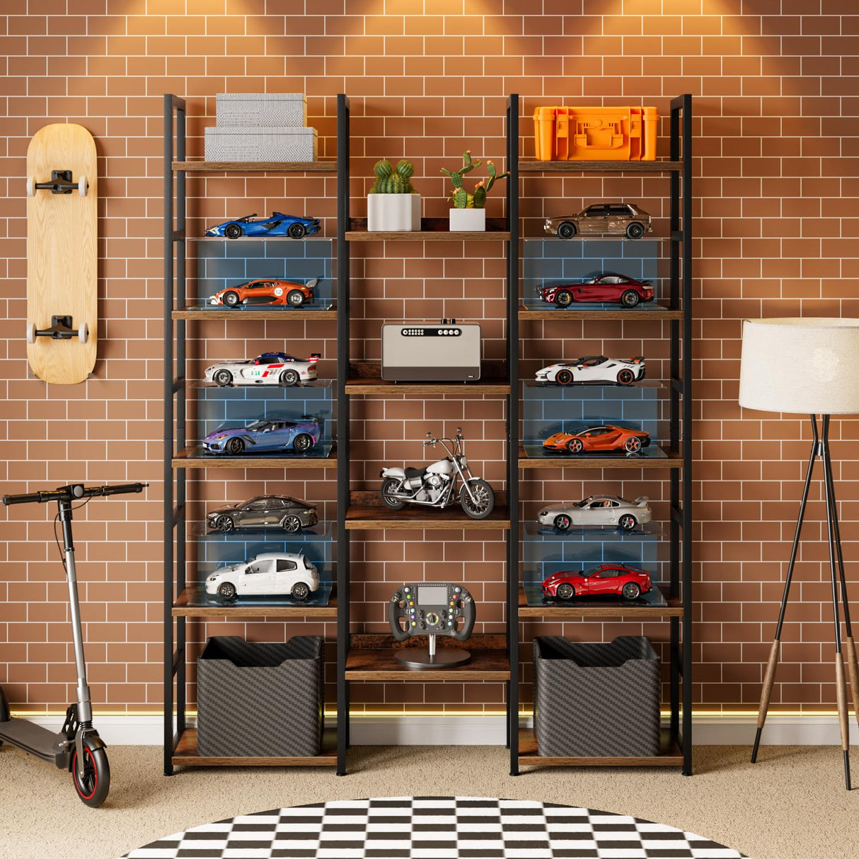 OTK Triple Column 5 Tier Bookshelf, Large Bookcase with 14 Open Display Shelves, Adjustable Industrial Book Shelf with Baffles, Wide Bookshelves for Bedroom, Living Room and Home Office, Rustic Brown OTK