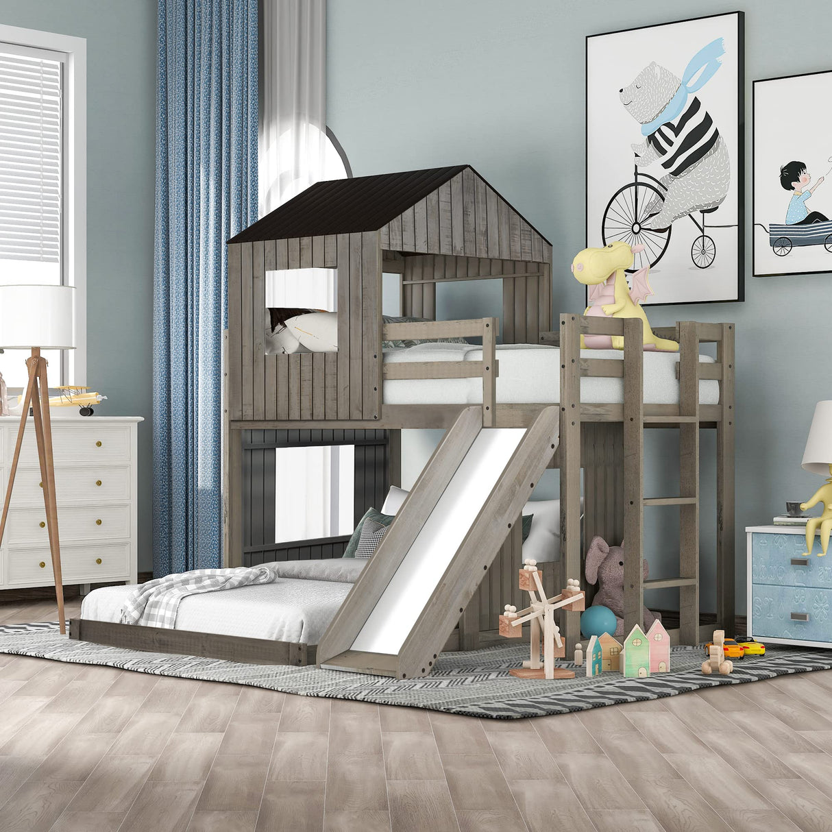 Harper & Bright Designs Antique Gray Twin Over Full House Bunk Bed with Slide and Guard Rail Harper & Bright Designs