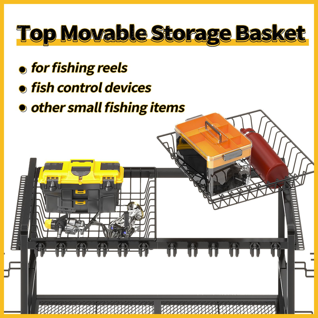 SOYEEZE Large Size Fishing Rod Holders for Garage, Heavy Duty 3-Tier Fishing Pole Rack Holds Up to 12 Rods, Fishing Gear Organizer with 2 Metal Baskets, Fishing Storage Cart with Lockable Wheels SOYEEZE