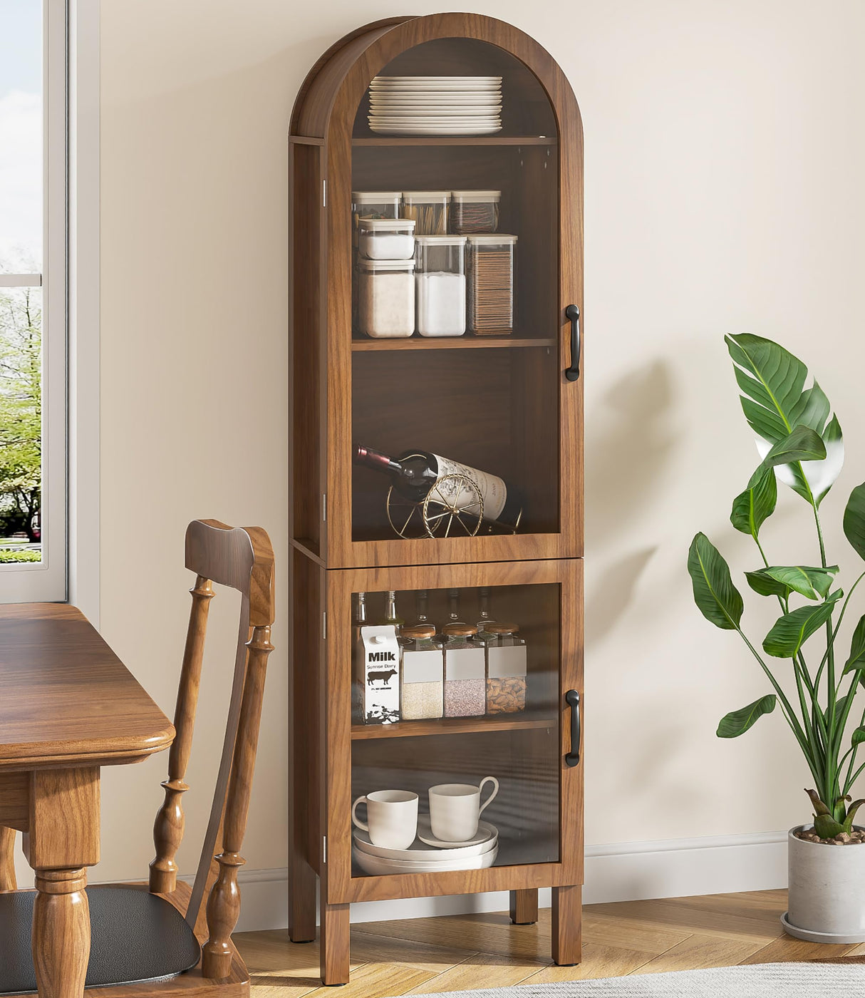 Lxsxhome 64.17'' Tall Arched Modern Walnut Display Cabinet with Acrylic Glass Doors, 5-Tier Kitchen Pantry Storage Cabinet, Bookcase for Living Dining Room Lxsxlome