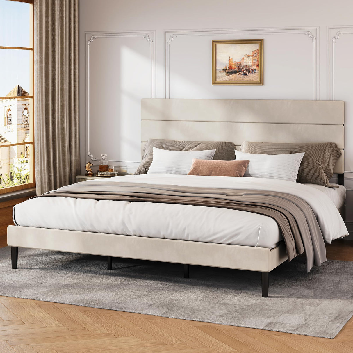 WLIVE King Size Upholstered Bed Frame, Velvet Square Tufted Headboard, Sturdy Metal & Wooden Slats Support, No Box Spring Needed, Beige WLIVE