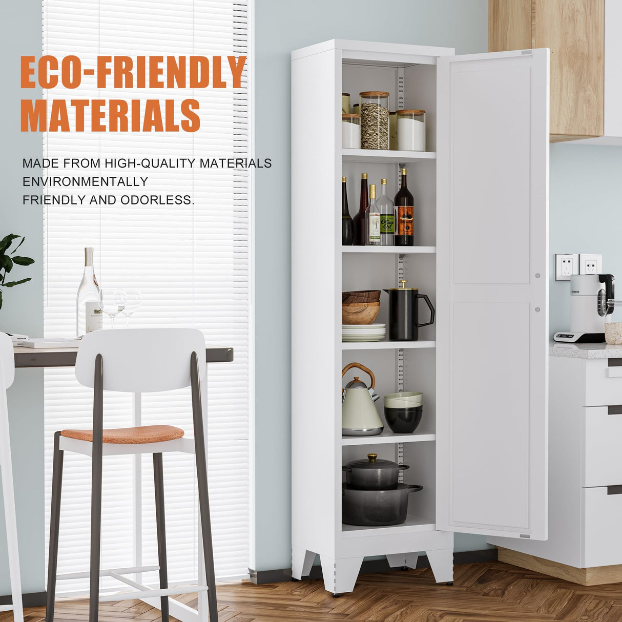 Tall Bathroom Cabinet,Narrow Metal Storage Cabinet with 5 Adjustable Shelves and Single Barn Door,Slim Pantry Storage Organizer for Bathroom,Kitchen,Entryway 67H White Baborokic