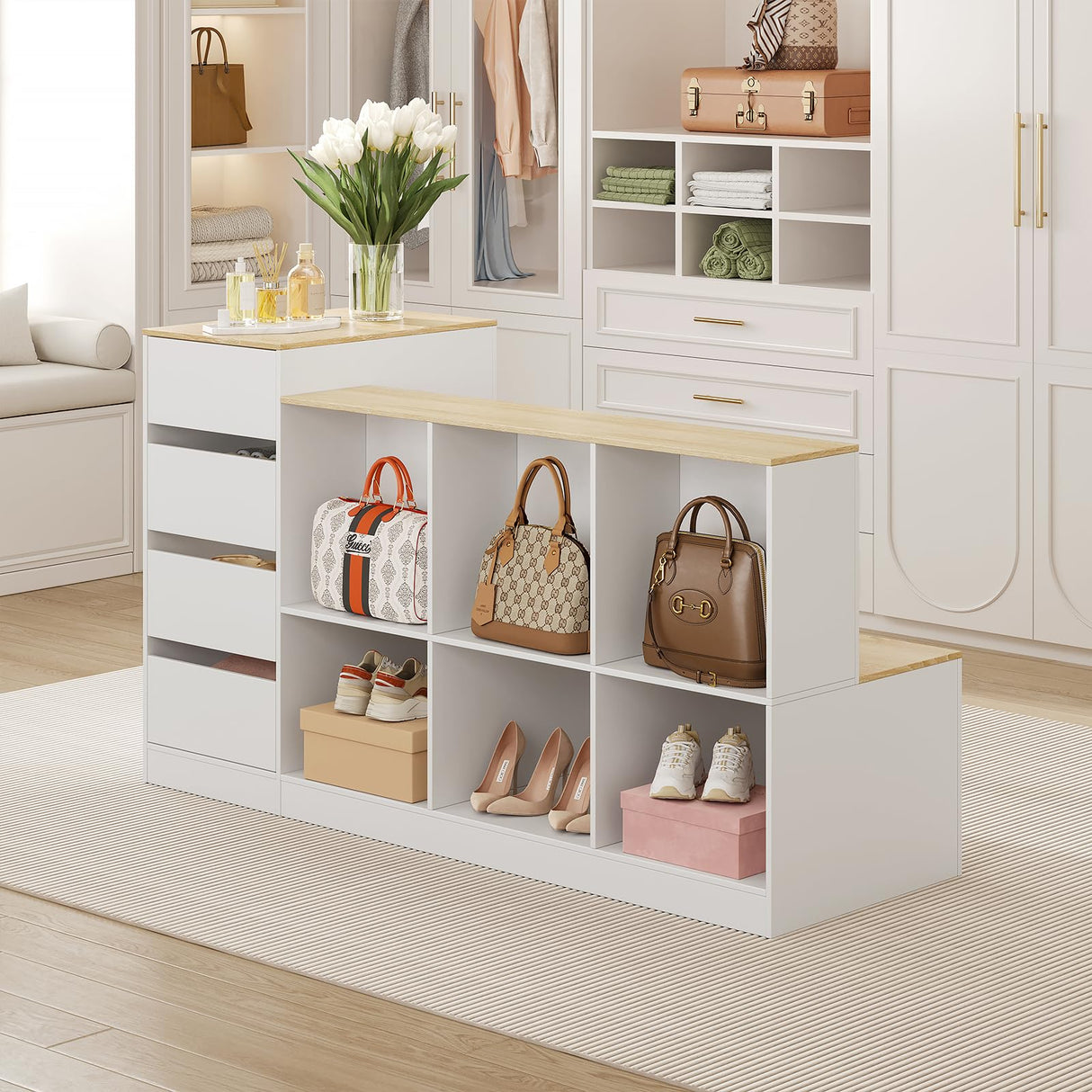 ZORPLIX Display Stand, Closet Island with Drawers, Wardrobe Armoire Island, Bedroom Island with Shoe Bench and Storage Compartment, Island Dresser for Closet, Clothing Store ZORPLIX