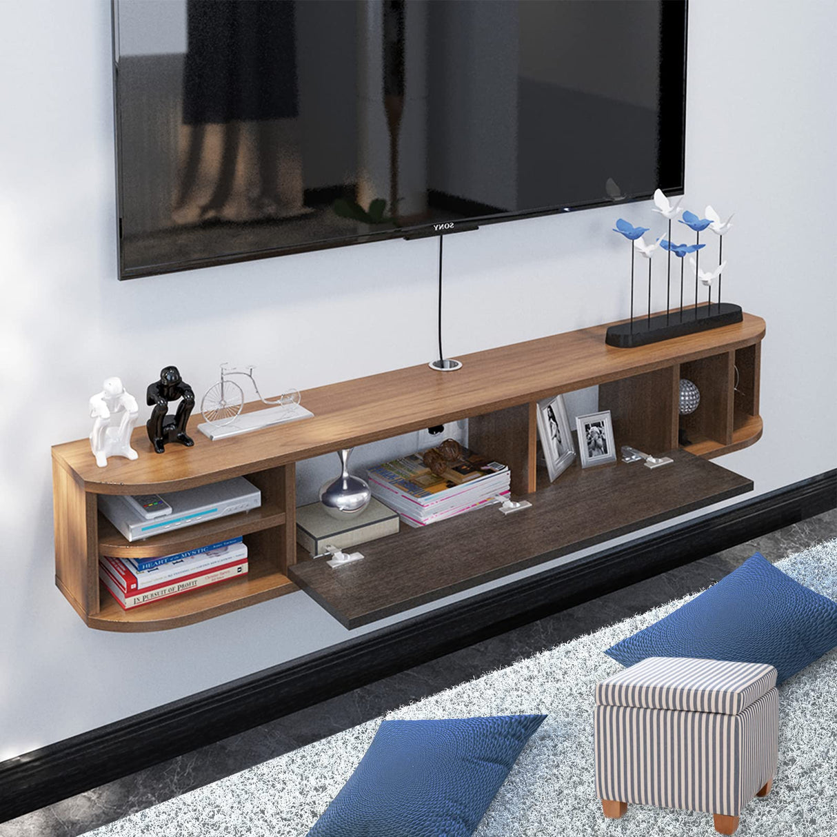 Pmnianhua Floating TV Stand,55'' Under TV Shelf,Modern Floating TV Console,Wall Mounted TV Cabinet, Entertainment Center with Storage for Bedroom Living Room(Walnut) Pmnianhua