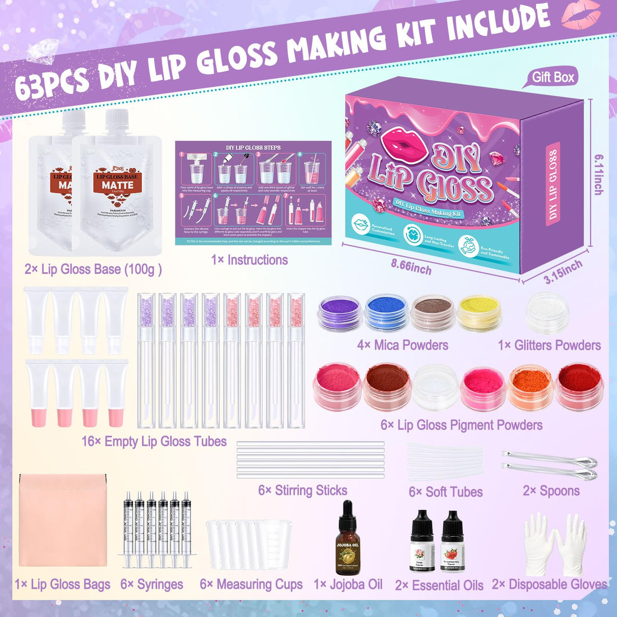 JCOOS DIY Lip Gloss Making Kit - 63PCS Diamond Matte Lip Gloss Base, Tubes & Pigment - Teen Girl Gifts Jcoos