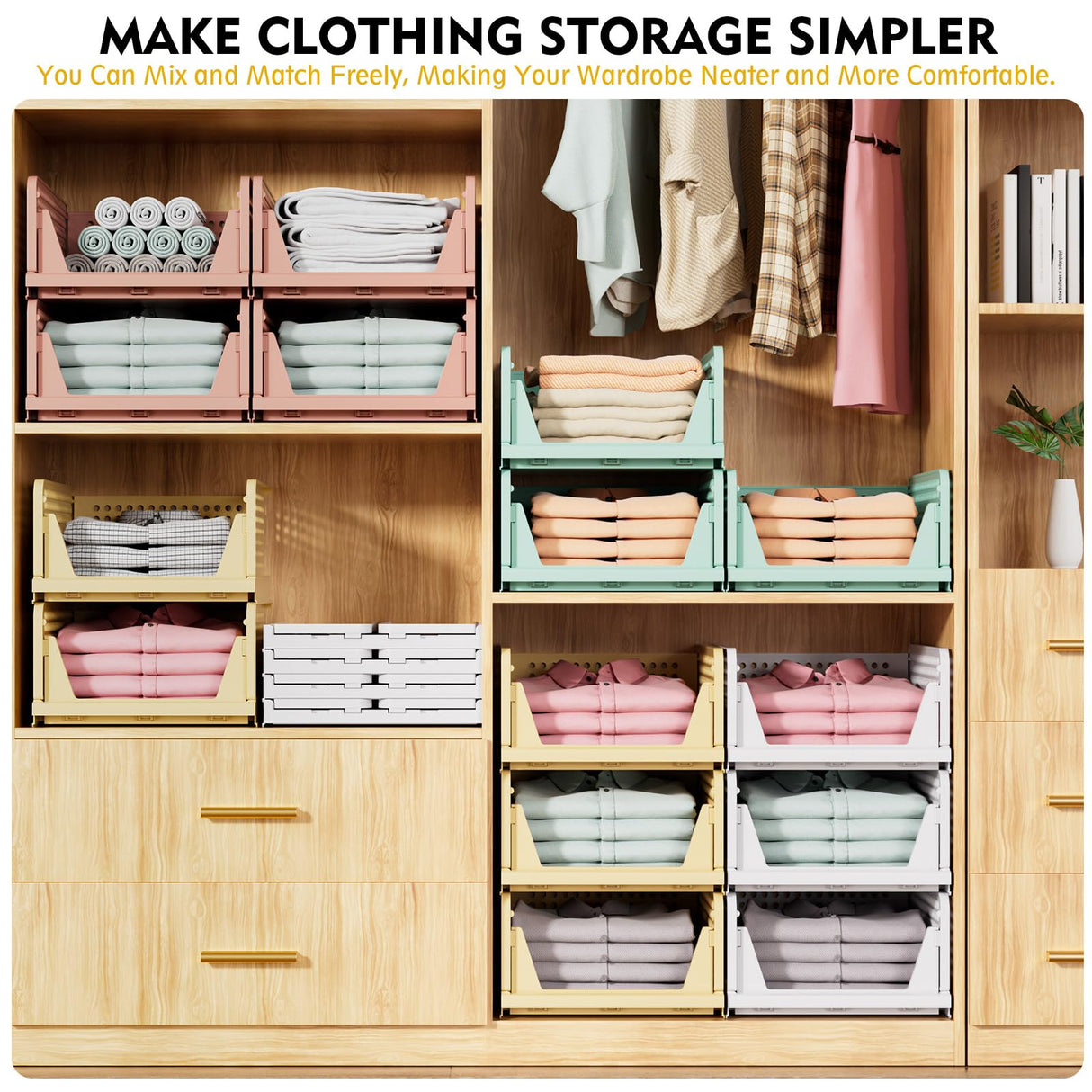 SNSLXH 5 Pack Stackable Closet Organizer Box, Multifunctional & Foldable Closet Storage Basket for Bathroom Kitchen Laundry Room Wardrobe Storage, Space-Saving Clothes Storage Drawer Organizer, White SNSLXH