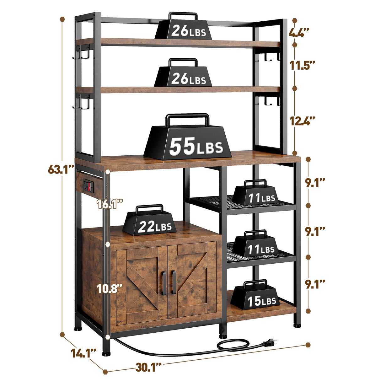 EnHomee Bakers Rack with Power Outlet, Coffee Bar with Storage Cabinet, 6 Tier Microwave Stand, Kitchen Storage Shelf with Side Hooks, Utility Shelf for Kitchen, Rustic Brown EnHomee