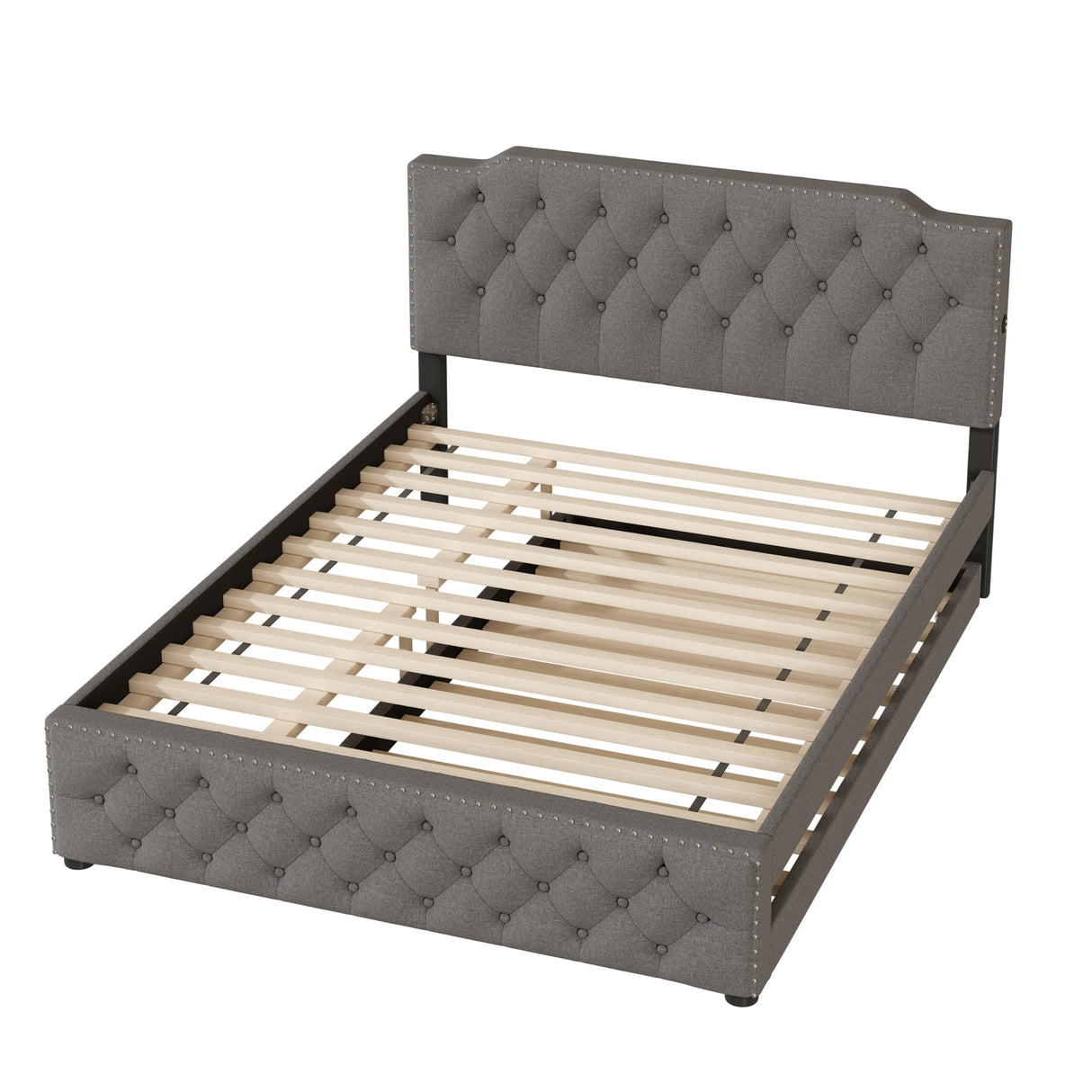 CITYLIGHT Queen Upholstered Platform Bed with Twin Size Trundle and USB Ports on Each Side, Queen Bed Frame with Trundle for Bedroom, Linen Fabric,No Box Spring Required,Grey CITYLIGHT
