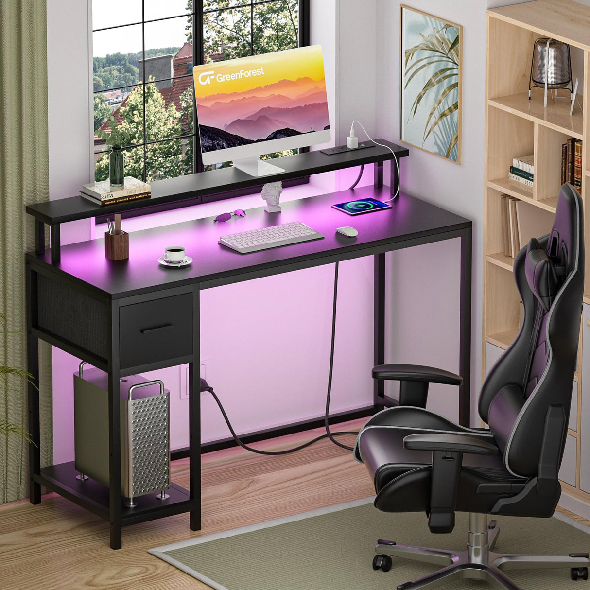 GreenForest Computer Desk with Drawers 39 inch,Gaming Desk with LED Lights & Power Outlets Small Desk with Monitor Stand and Reversible Shelf,Black GreenForest