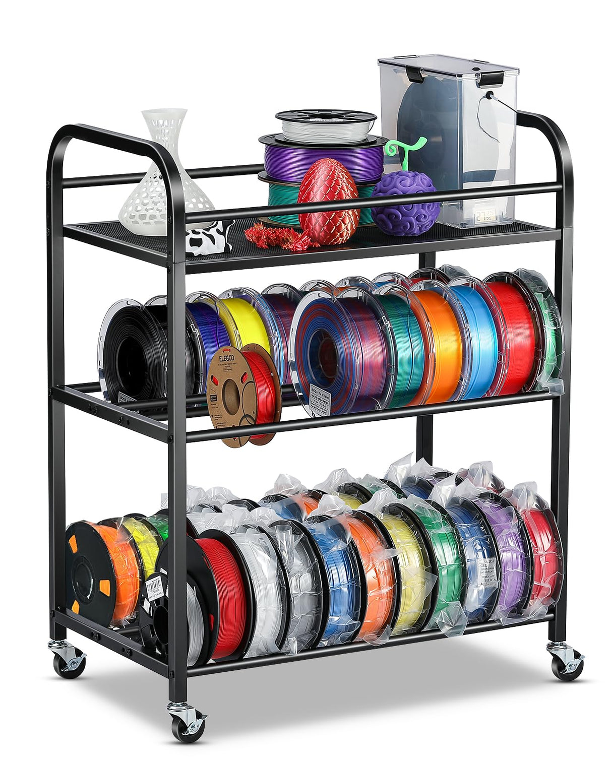 AHOWPD 3D Printer Filament Storage Rack- Rolling Filament Spool Holders Racks with Wheels, Heavy Duty Metal Shelf for PLA/ABS/TPU/Nylon, Filaments Organzied for 3D Printing Studio, Office Workshop AHOWPD