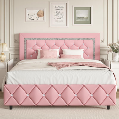 Queen Bed Frame with Headboard, Faux Leather Upholstered Bed with Diamond Tufted Design, Modern Platform Bed Frame, No Box Spring Required, Easy Assembly, Pink