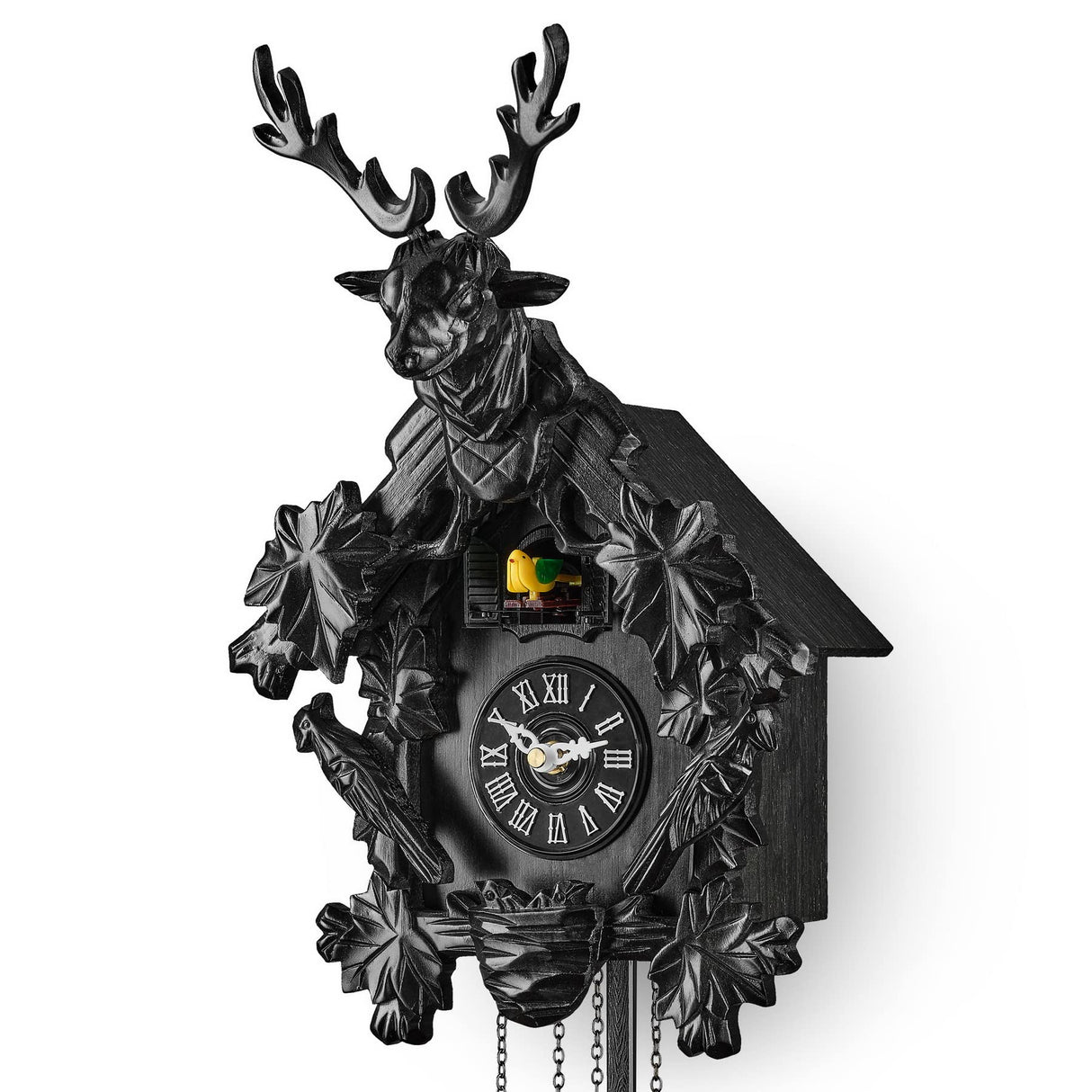 TIMEGEAR Cuckoo Clock with Automatic Night Mode, Quartz Movement and Carved Deer Head (Black) TIMEGEAR