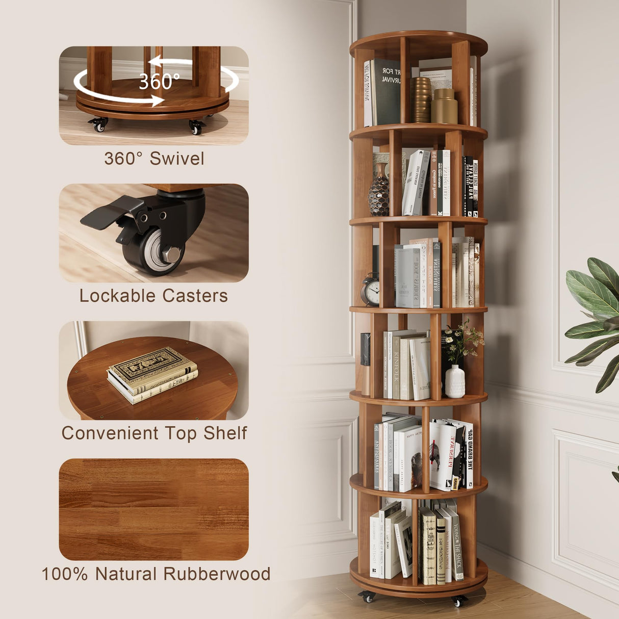 IUNVR 6 Tier Bookshelf Tower, 360° Solid Wood Spinning Bookcase with Swivel Wheels, Floor Standing Book Shelf for Small Space, Bookshelf for Home Office Study Room Bedroom Living Room IUNVR