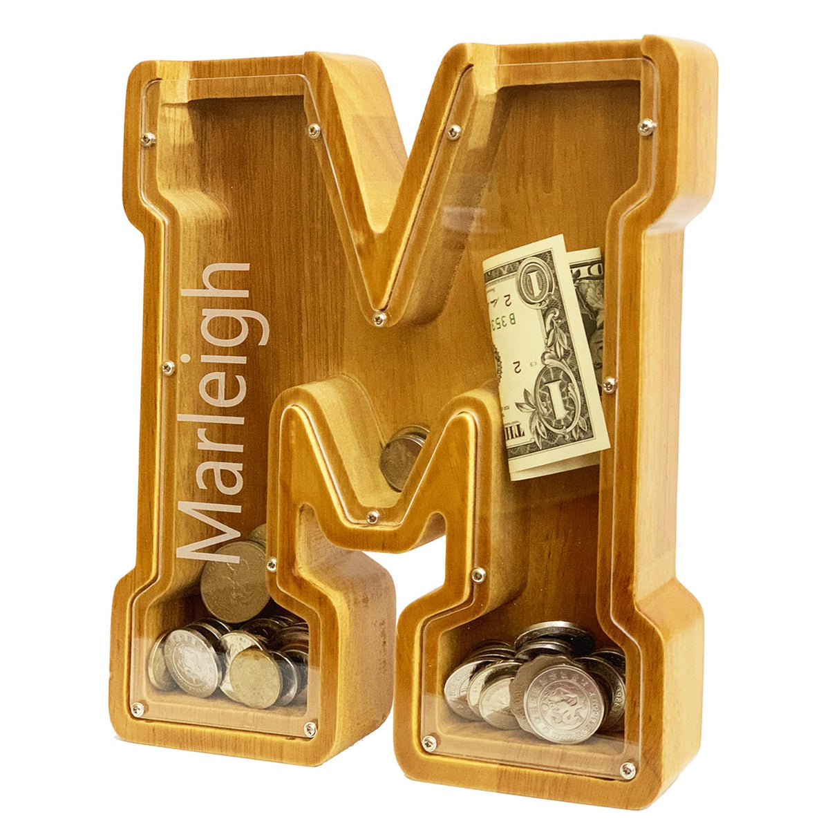 Personalized Wooden Letter Piggy Bank for Boys and Girls with Children's Letters, Customized Laser Engraved Names, Creative Letter Piggy Bank, Piggy Bank for Children's Birthday Gifts, Christmas (M) BINYLX