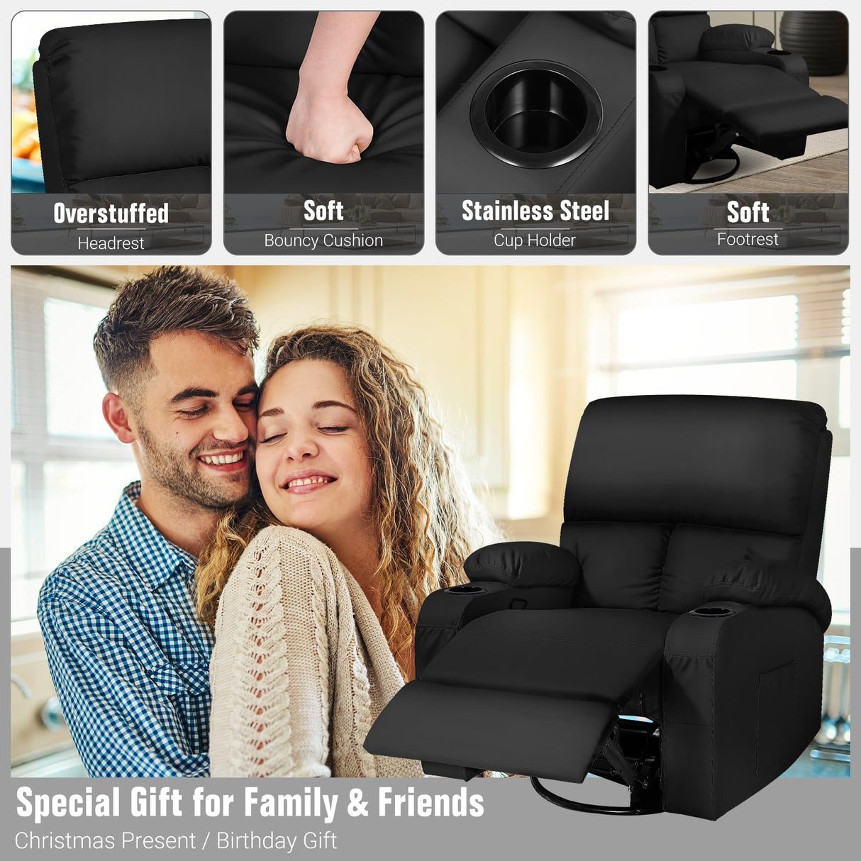 LAFWELL Rocking Recliner Chair, Massage Rocker Recliner Chair with Vibration Massage and Heat, 360° Swivel Faux Leather Chairs, Living Room, Bedroom, Nursery, RV, Black LAFWELL