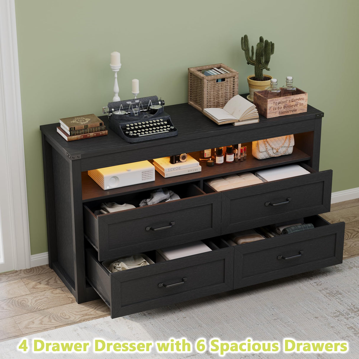 METOTI Black Dresser for Bedroom with 4 Drawers, Dresser and Chest of Drawers with LED Lights for Up to 60-inch TV, for Living Room, Entryway, Hallway(Black) METOTI