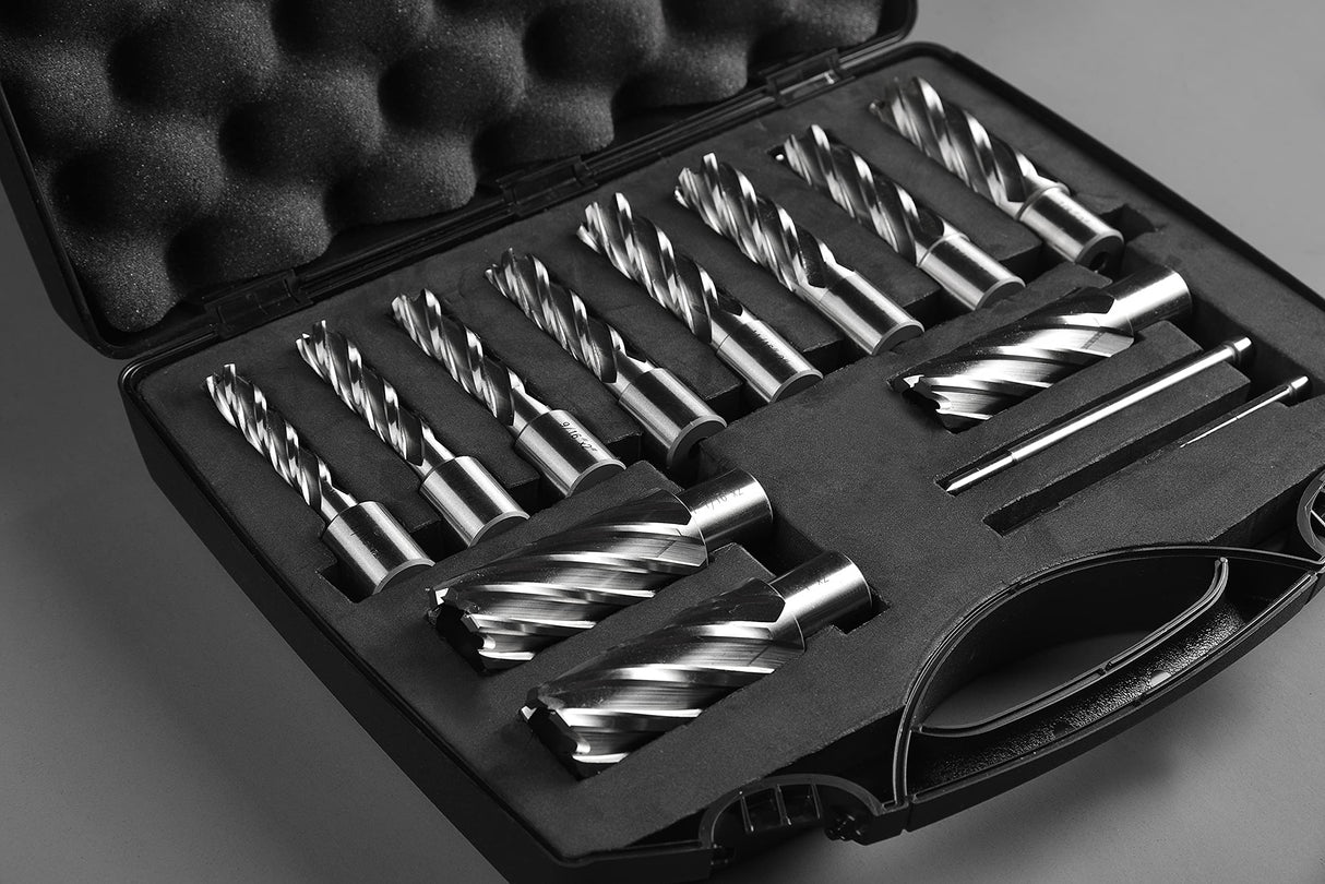 Annular Cutter Set 13 pcs JESTUOUS 3/4 Inch Weldon Shank 2 Cutting Depth and Cutting Diameter from 7/16 to 1-1/16 for Drill Press HSS Standard Kit Two Flat with 2 Pilot Pins JESTUOUS