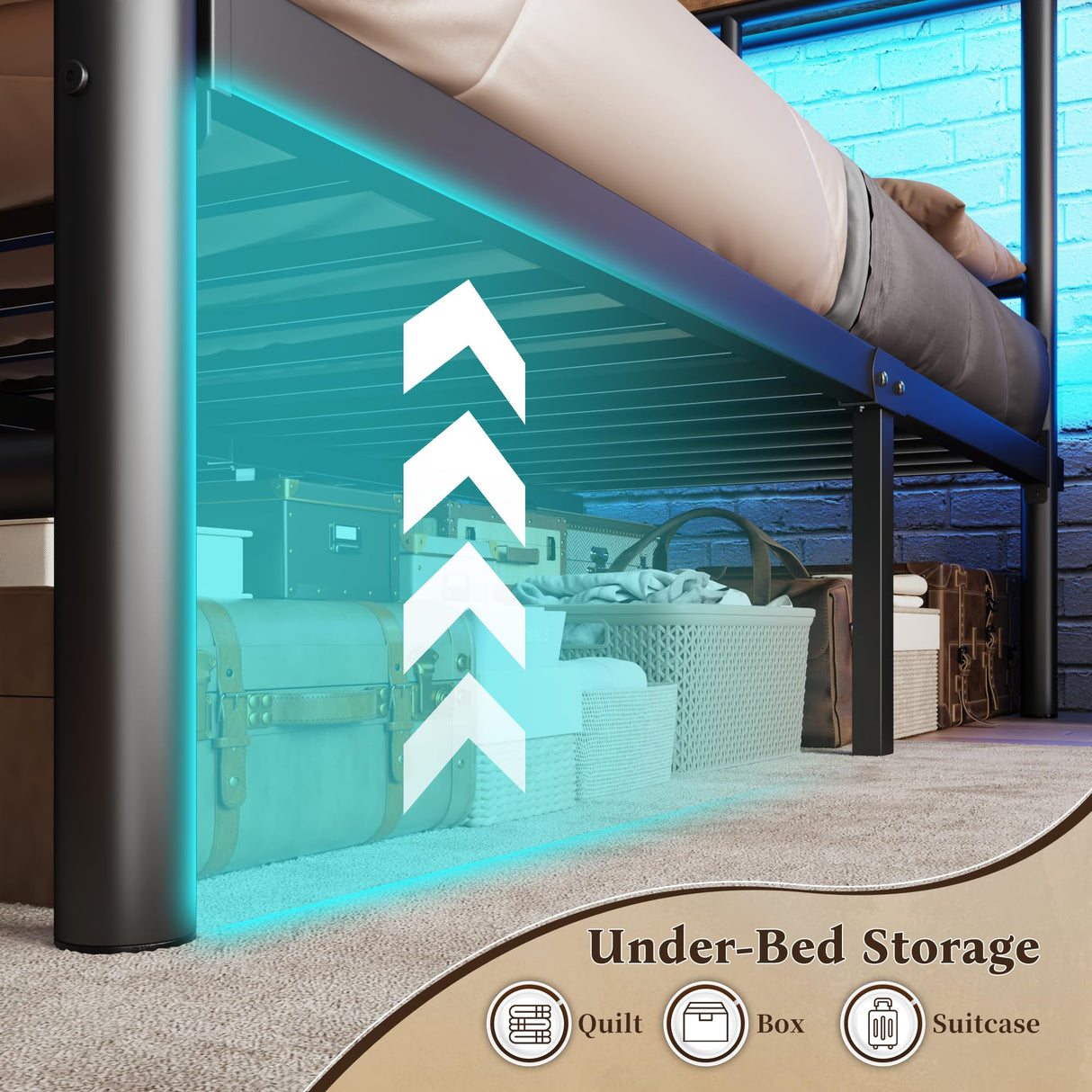 Homkdom Metal King Bed Frame and Headboard, Footboard, King Size Bed Frame with LED Light, Mattress Foundation with Under Bed Storage/No Box Spring Needed/Noise-Free/Easy Assembly, Black Homkdom