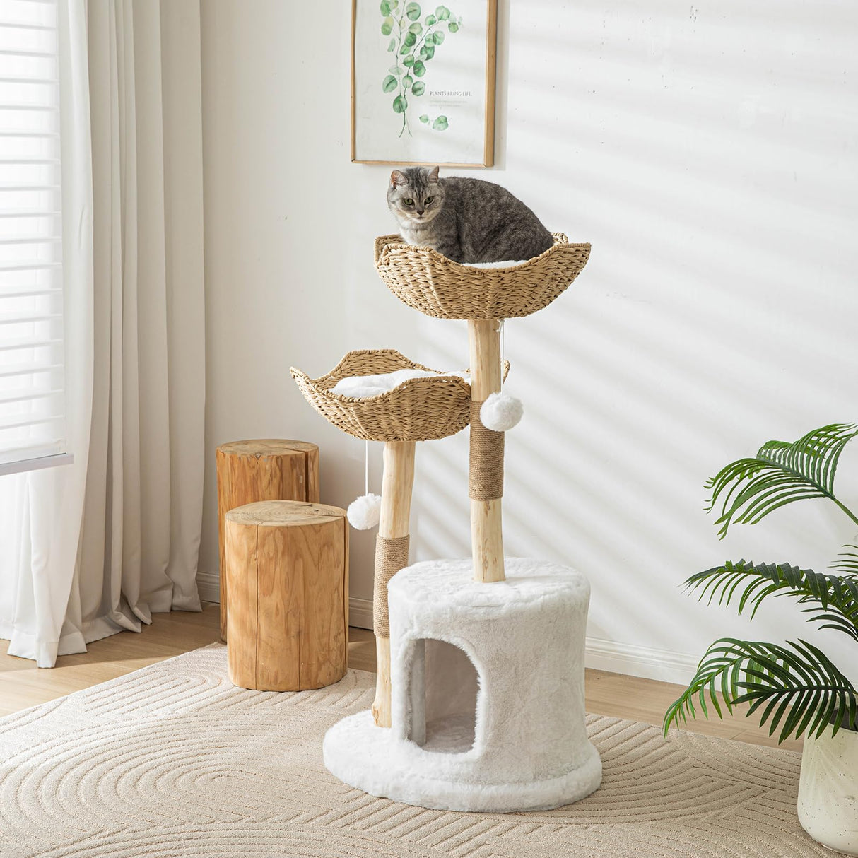 Modern Cat Tree for Indoor Cats Large Adult 46" Tall,Wooden Cat Tower for Large Cats with Scratching Post,Luxury Cat Condo, White. PISARRY
