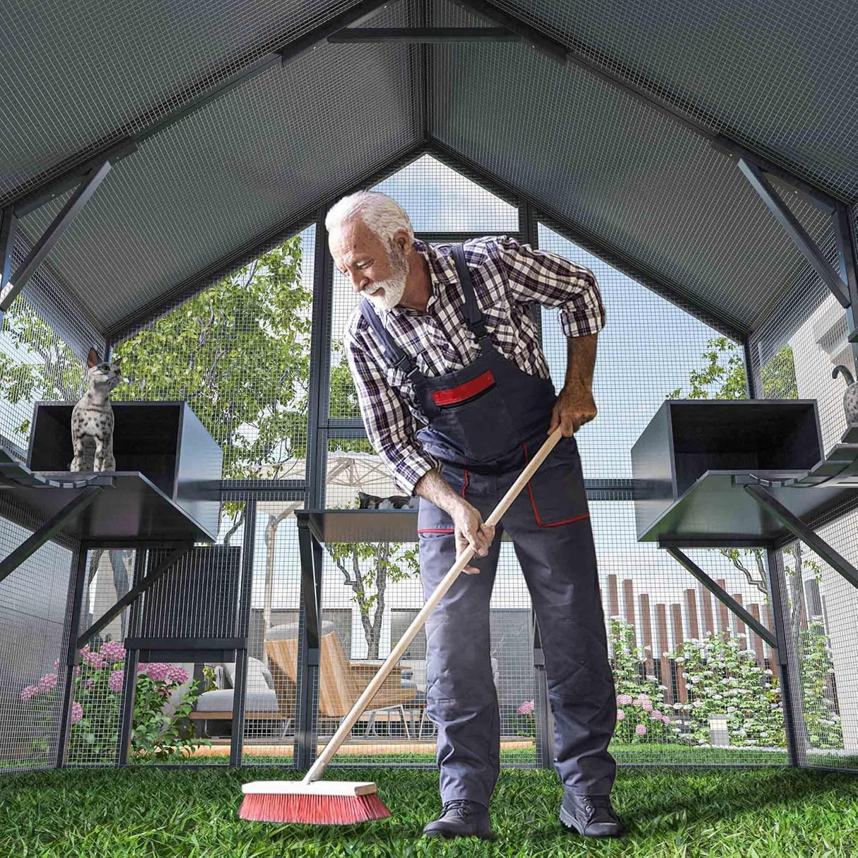 Lovinouse 43ft² Large Outdoor Cat House Catio, Luxury Wooden Cat Run Enclosure Walk in Kitten Condo with 2 Doors, 2 Playpen & Hiding Houses, Bridges, Walks, Roof Cover,Grey Lovinouse