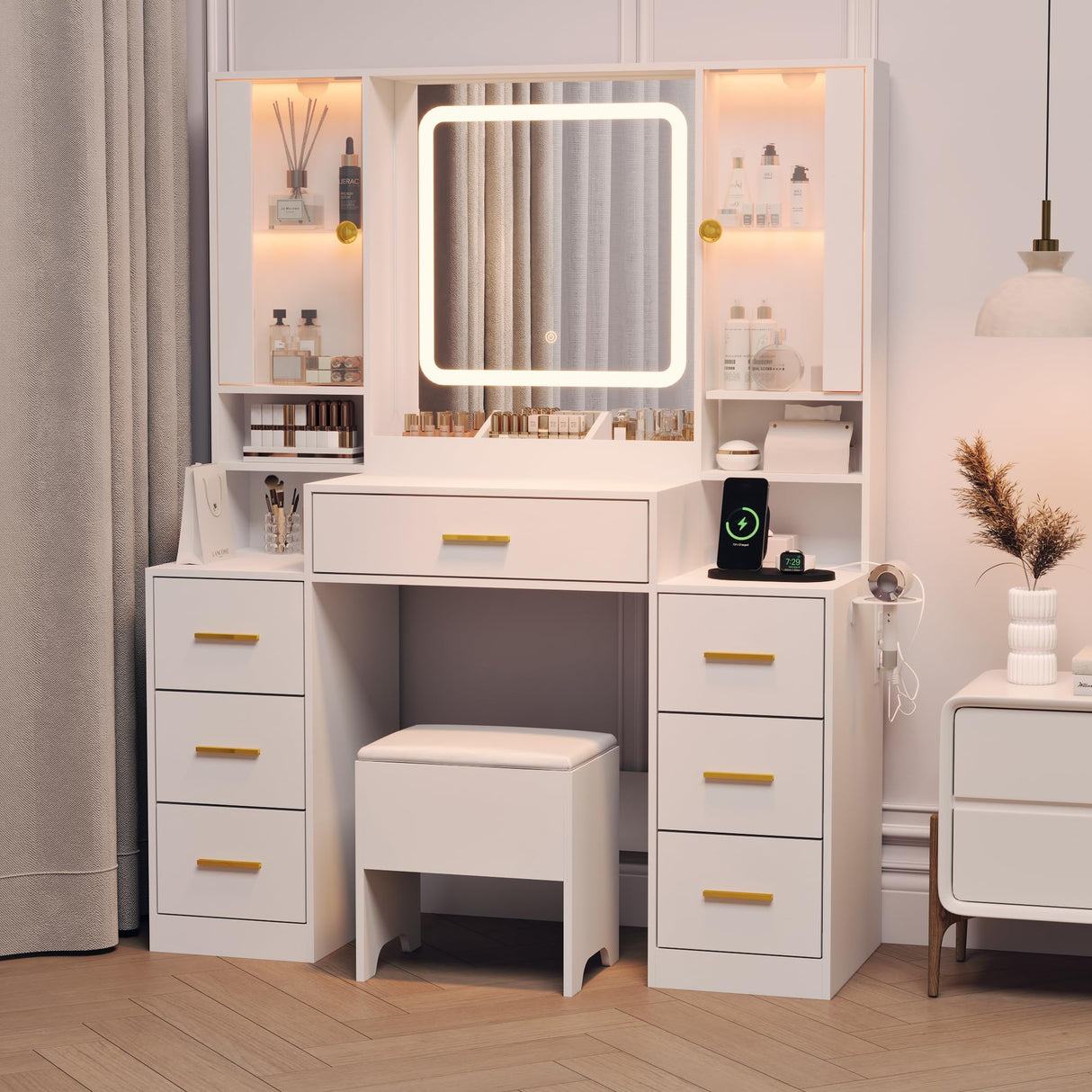 BORNOON Makeup Vanity with LED Light Strip Mirror and Chair, 7 Drawers & 2 RGB Cabinets White Vanity Makeup Desk with Power Strip, Adjustable LED Lighting, and Cushioned Stool for Women, Girls, Teens BORNOON