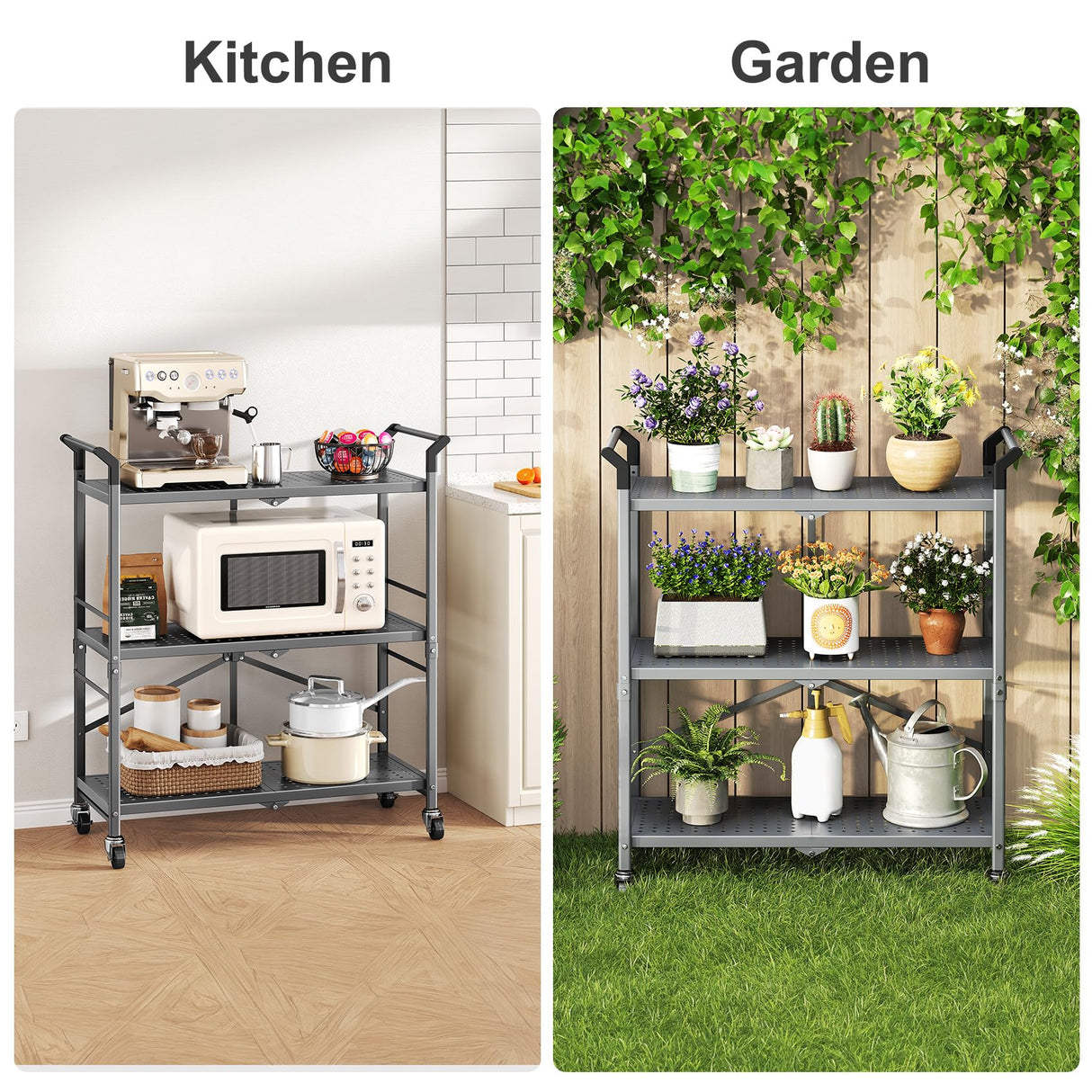 HKWOTINHA Folding Rolling Cart with Wheels - 3 Tier Collapsible Utility Cart, Metal Service Cart (Large) HKWOTINHA