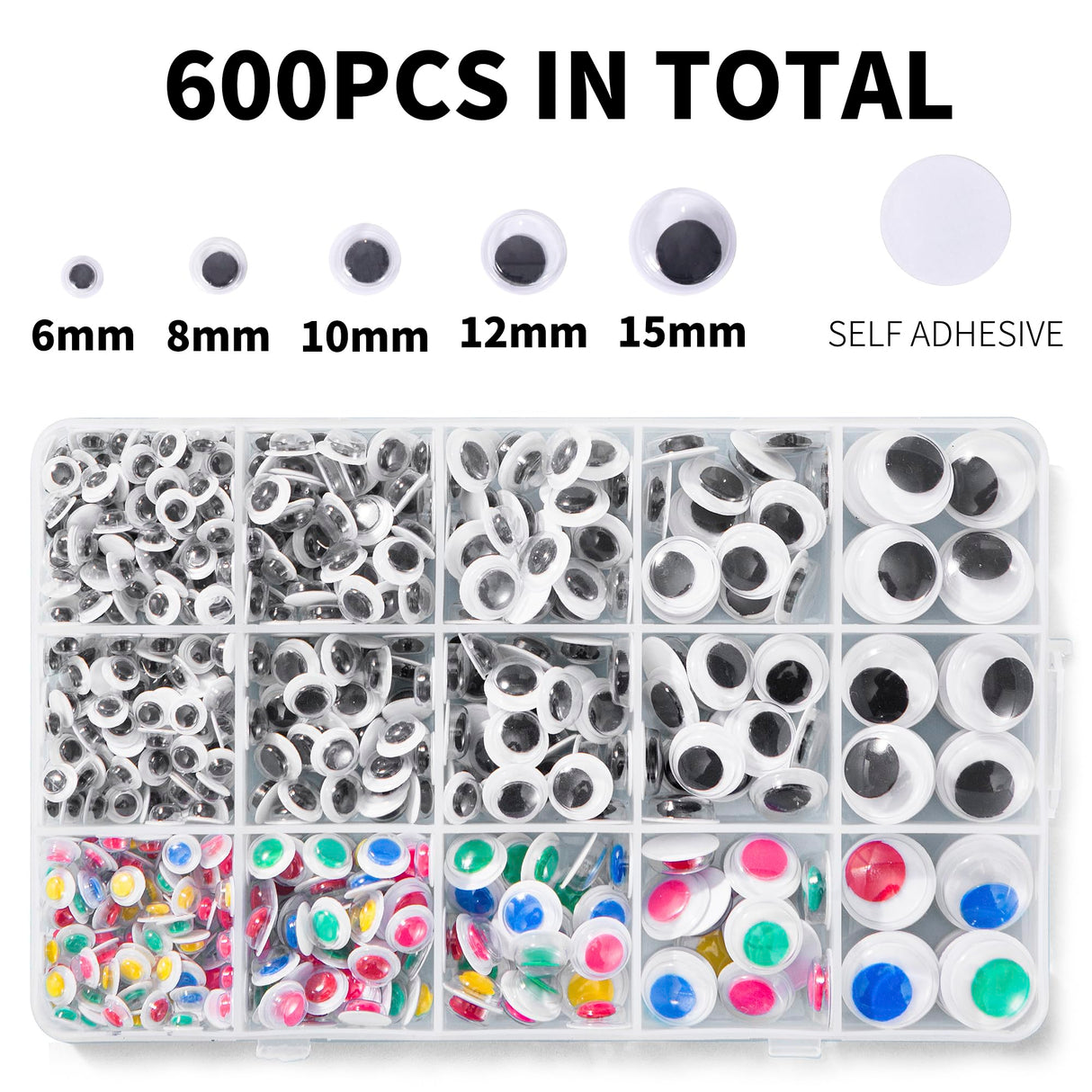 Hudinsun 600pcs Black and Multi Colors Wiggle Googly Eyes Self Adhesive, 6mm 8mm 10mm 12mm 15mm 20mm Small and Large Googly Eyes for Crafts Hudinsun