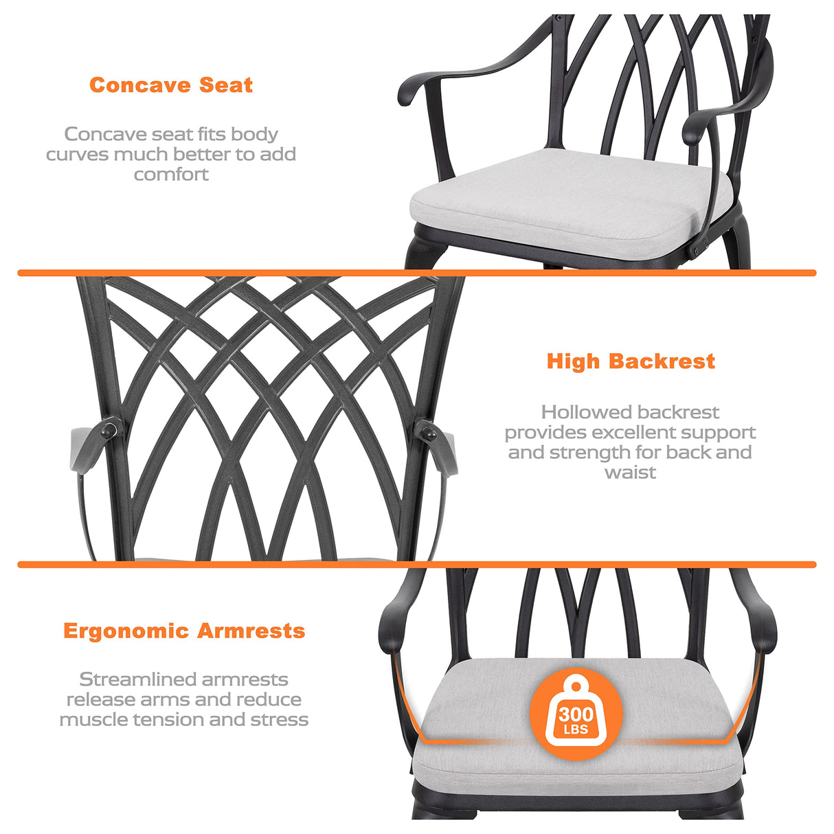 NUU GARDEN Bistro Set 3 Piece Outdoor Cast Aluminum Patio Bistro Set Patio Table and Chairs Set of 2 with Umbrella Hole and Gray Cushions, Black NUU GARDEN