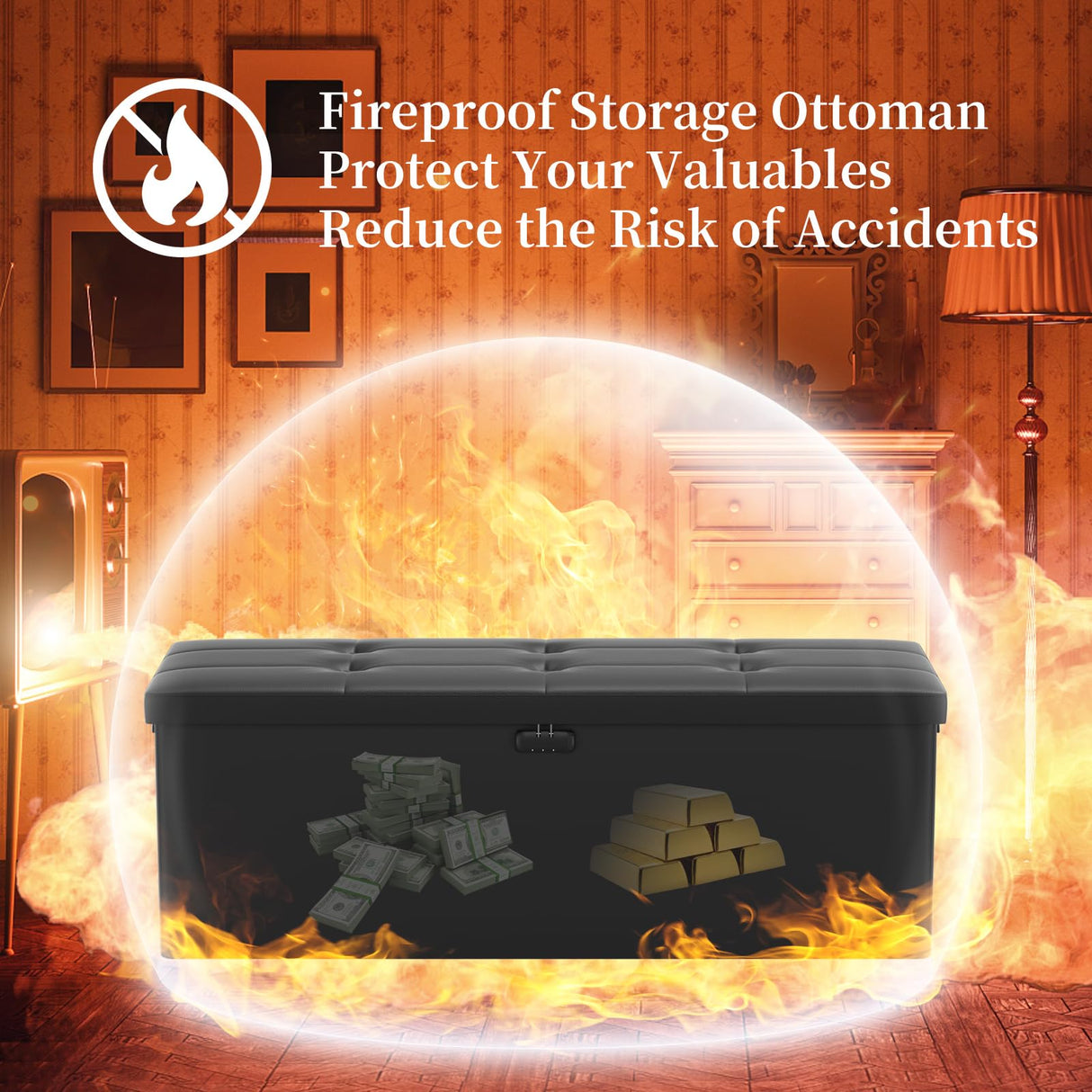 DocSafe Storage Ottoman Bench,Fireproof&Waterproof Folding Bench with Lock(15”x 43”x15”),Leather Storage Chest with Handles&2 Extra Boxes,Ottoman Safe for Bedroom,Living Room,Home Office,Black DocSafe