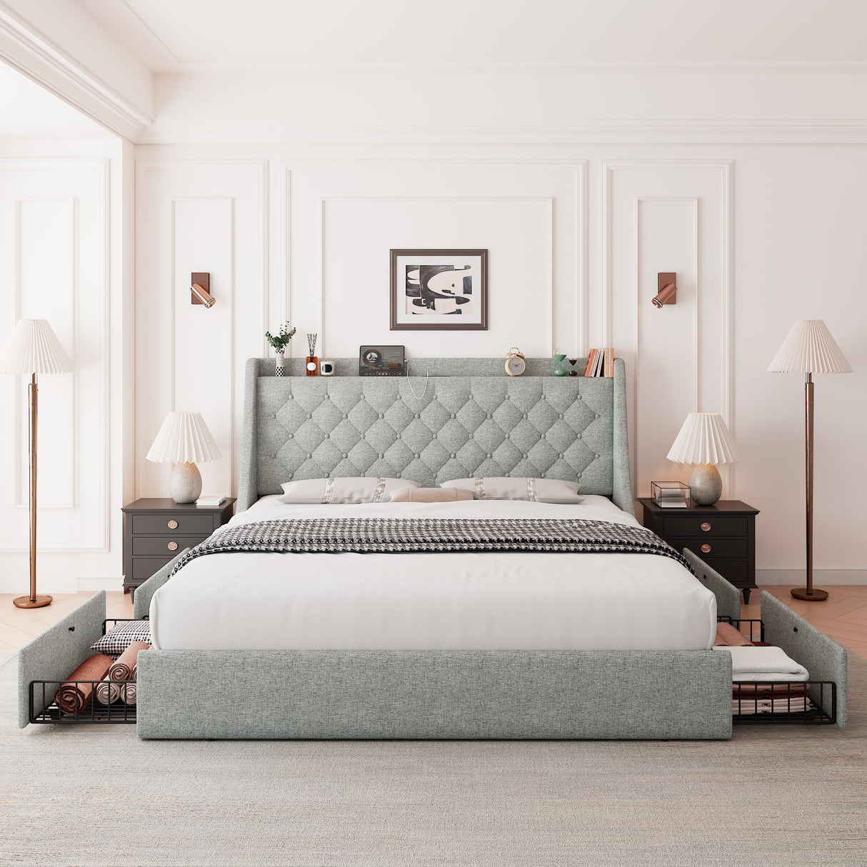 Feonase Queen Size Bed Frame with 4 Storage Drawers, Upholstered Storage Bed with Charging Station, Tufted Wingback Storage Headboard, No Box Spring Needed, Light Grey, FEO737 Feonase