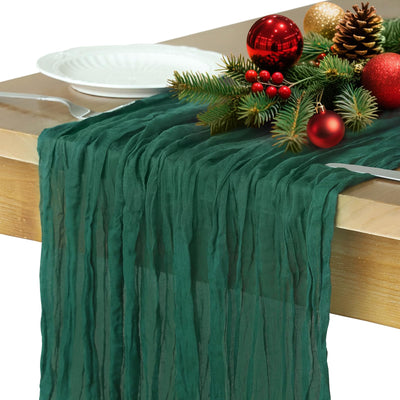 Christmas Table Runner, 10FT Cheesecloth Emerald Green Table Runners 35*120inch Rustic Boho Table Runner for Christmas Indoor Home Kitchen Table Party Decorations