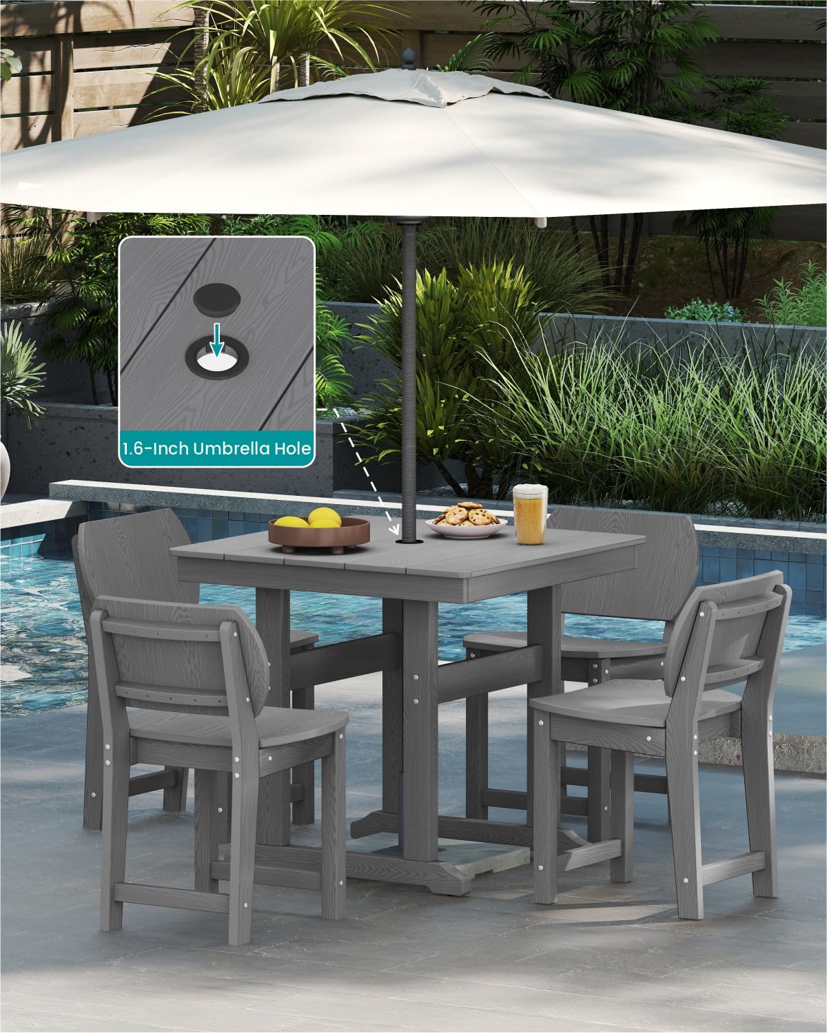 BIVODA 5-Piece HDPE Outdoor Patio Dining Set (Includes 1 Square Table and 4 Chairs) (All-Weather, Easy to Assemble, Umbrella Hole, 10+ Years of Lifespan) - Grey BIVODA