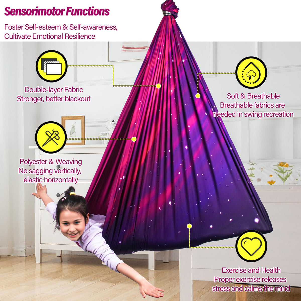 Sensory Swing for Kids & Adults Holds up to 300lbs Indoor & Outdoor Double Layer Therapy Cuddle Swing with 360° Swivel Hanger Kit for Calming, Effect for Autism, ADHD or SPD. (Galaxy Purple) Yatoco